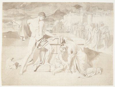 Andromache og sønnen Astyanax med Pyrrhus ved Hectors sarkofag av J.L. Lund