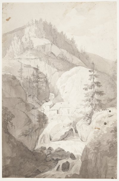 En foss ved St. Pierre d'Entremont, Grand St. Bernard. Sveits av J.L. Lund