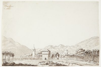 Landskap fra Domodossola i Sveits med kirke og vakttårn av J.L. Lund