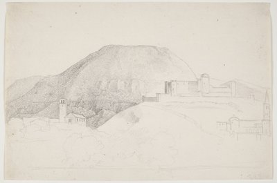 Landskapsstudie med fjell og bygninger. Spoleto, Italia av J.L. Lund