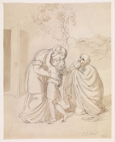 Sara tar avskjed med Isak, Abraham kneler av J.L. Lund