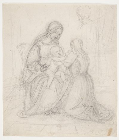 Sittende Madonna med barn og knelende kvinne av J.L. Lund