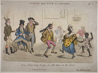 Figurer som drikker og danser på Coach and Horses på Nightingale Lane, illustrasjon fra "Life in London" av Pierce Egan (håndfarget etsning) av J.L. Marks