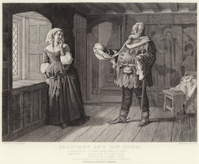 Falstaff og fru Ford, Merry Wives of Windsor, Act III, Scene III av J.M.L. Ralston