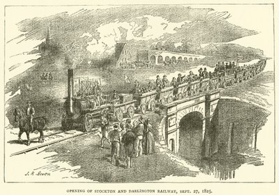 Åpning av Stockton og Darlington Railway, 27. september 1825 (gravering) av J.R. Brown
