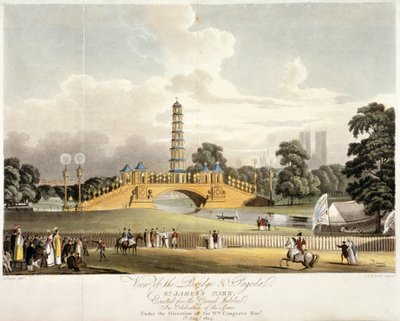 Utsikt over den kinesiske broen og pagoden i St James's Park, London, 1814 av JR Hamble