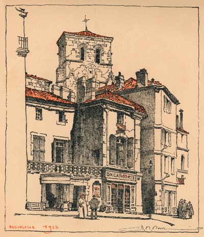 Place du Murier, med tårnet til St Andre-kirken, i Angouleme, Frankrike, 1924 av JR Rowe