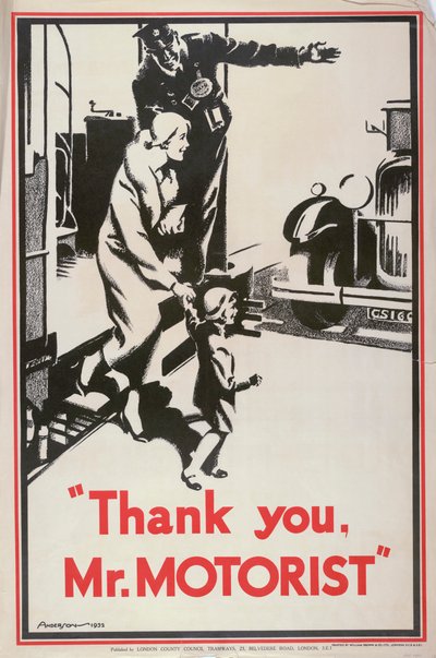 "Thank You Mr Motorist", London County Council LCC Tramways-plakat, 1932 av JS Anderson