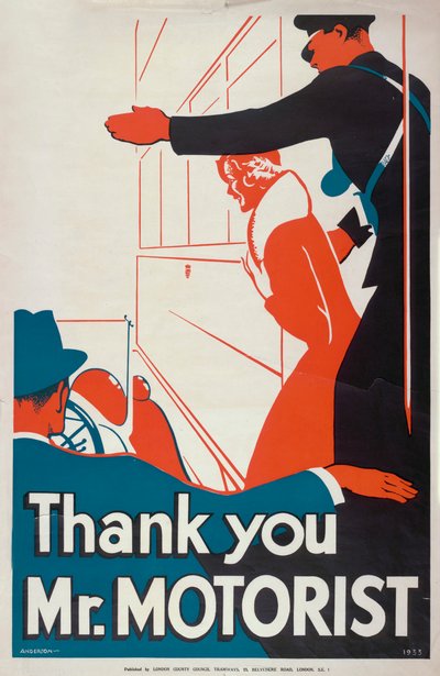"Thank You Mr Motorist", London County Council LCC Tramways-plakat, 1933 av JS Anderson