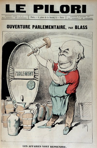 Eröffnung des Parlaments: Die Geschäfte werden wieder aufgenommen (Karikatur über den Dekorationsskandal mit Daniel Wilson und Jules Grévy) - Illustration von J. Blas (Albert Douat dit) (1847-1892). in „Le Pilori“ vom 30.10.1887 von J.  Blass