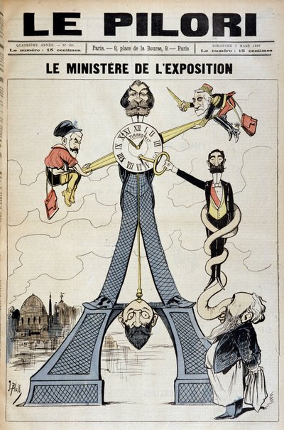 Der Minister der Ausstellung (Karikatur über Finanzskandale Ende des 19. Jahrhunderts und den Eiffelturm). Illustration von J. Blass (Albert Douat genannt). Titelblatt von „Le Pilori“ vom 3. März von J.  Blass