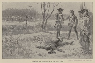 Alamance, revolusjonens første slag (litho) av J. (after) Steeple Davis
