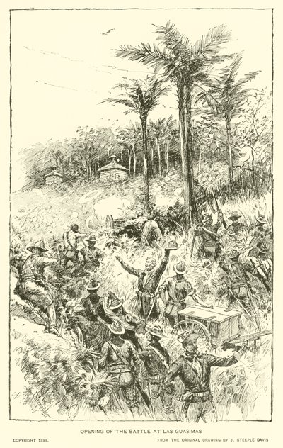 Åpning av slaget ved Las Guasimas (litho) av J. (after) Steeple Davis