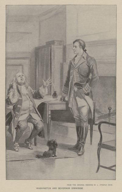 Washington og guvernør Dinwiddie (litho) av J. (after) Steeple Davis