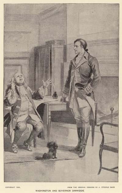 Washington og guvernør Dinwiddie (litho) av J. (after) Steeple Davis