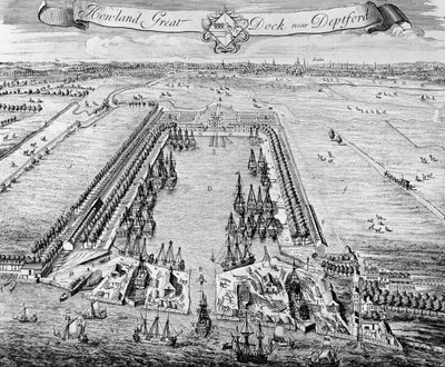Howland Great Dock, nær Deptford, ca. 1715-20 av J. Badslade