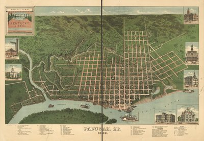 Fugleperspektiv av Paducah, Kentucky 1889. av J. Blanton; Krebs Lithographing Company Postlethwaite