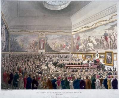 Møte for Society of Arts i Adelphi Buildings, Westminster, London, 1809 av J Bluck