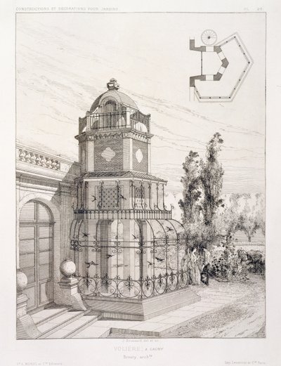 Voliere for sangfugler, fra et volum av design av forskjellige arkitekter, pub. Morel & Cie, Paris, ca. 1880 av J. Boussard