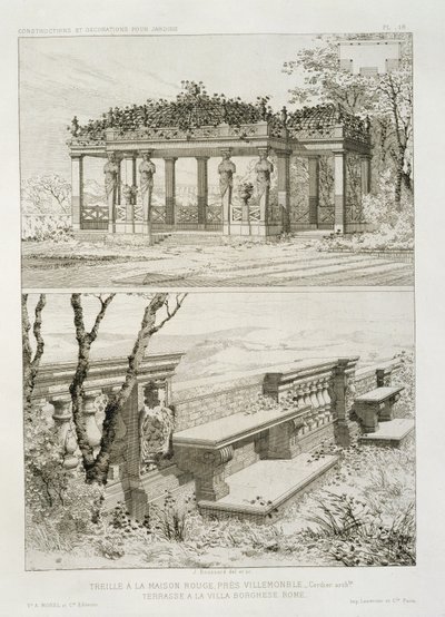 Pergola av La Maison Rouge nær Villemomble, designet av Cordier, og terrasse til Villa Borghese, Roma, ca. 1880 av J. Boussard
