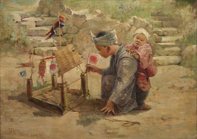 Japansk gutt som bygger en krigsmann, 1895. av J. C. Arter.