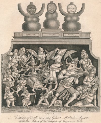 Calis seier over den gigantiske Mahish Asura, med idolene til Jagan-Nath-tempelet, 1809. av J. Chapman