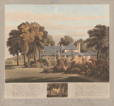 Utsikt over HKH Prinsesse Elizabeths hytte ved Old Windsor med utsikt over Moss-huset nedenfor av J. Clark