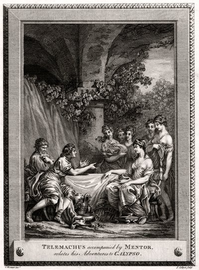 Telemachus akkompagnert av Mentor, forteller sine eventyr til Calypso, 1774 av J. Collyer