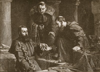 Skjuler skatter ved undertrykkelsen av et kloster, illustrasjon fra The Church of England: A History for the People av H.D.M. Spence-Jones, pub. ca. 1910 litho sepia-foto av J. Cooke