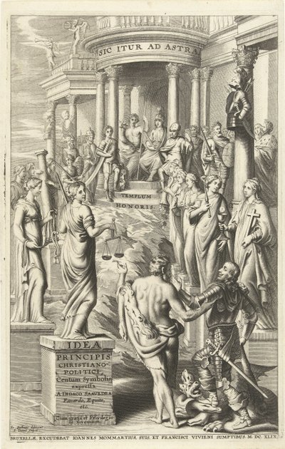Hercules leder mennesket forbi personifikasjoner av dyder til et tempel for evig berømmelse Tittelside for: Idea principis christiano-politica, Centum Symbolis expressa, Brussel 1649 (tittel på objekt) av J. Danoot