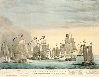 Slaget ved Lake Erie. Perry Victorious avslutningsscene av Action fra Army and Navy Magazine, pub. 1840 (farget gravering) av J. Evans