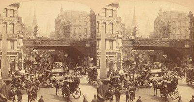 Gruppe på 4 stereografbilder av Ludgate Hill, London, England, 1850-1910-tallet. av J F Jarvis