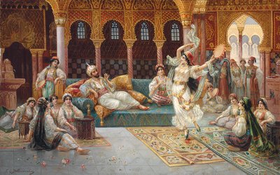 En haremsdans (olje på lerret lagt ned om bord) av J. G. Delincourt