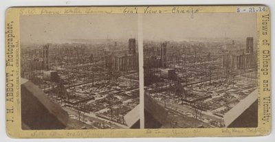 Stereograf av utsikt sørvest fra Water Tower etter Chicago-brannen i 1871 av J. H. Abbott