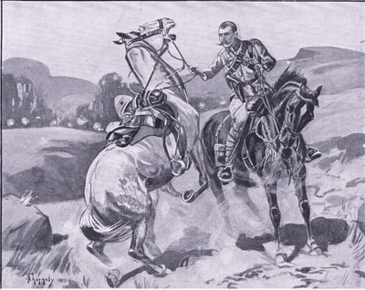 Major Brown, 14th Hussars, holder liet Browns hest under kraftig ild, illustrasjon fra After Pretoria: The Guerilla War, 1902 av J. H. Thorneley