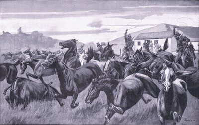 Boere som raiderer Remount Depot på Braamfontein, fra After Pretoria: The Guerilla War utgitt av Harmsworth Bros Limited, 1901 av J. H. Thornely