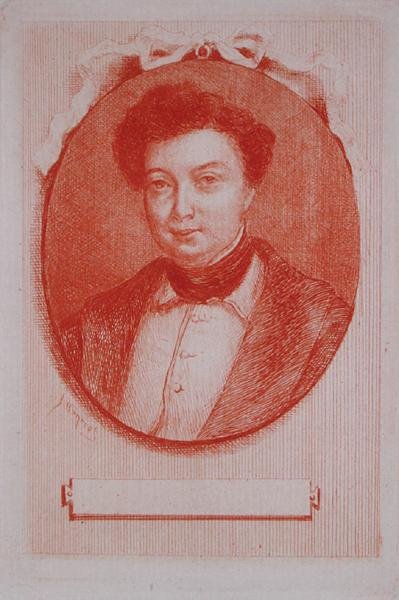 Portrett av Alexandre Dumas pere (1803-70) c. 1830-40 (sanguine på papir) av J. Hanriot