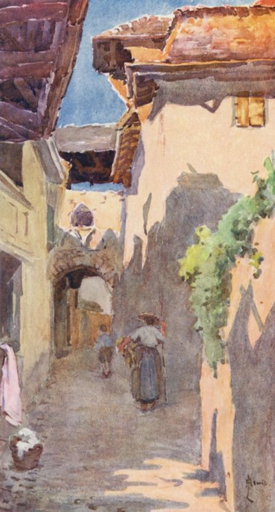 En gate i St. Saphorin (fargelitografi) av J. Hardwicke Lewis