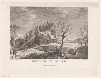 Utsikt over et hus nær en bro med figurer Montagne près de Rome (tittel på objekt) av J. Hémery