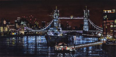 HMS Belfast om natten, 2000 (oljemaleri) av J Hugh L Beattie