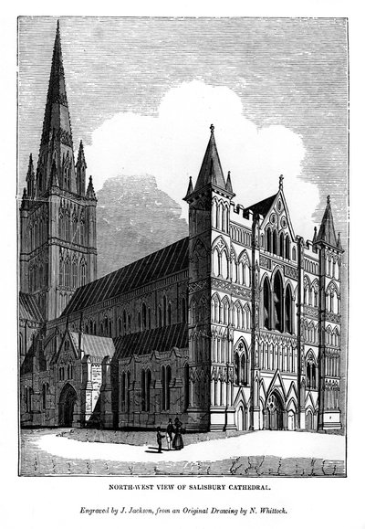 Nordvest-utsikt over Salisbury Cathedral, 1843 av J. Jackson