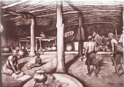 Inne i en Kaffir-kraal, fra MacMillan skoleplakater, ca. 1950-60-tallet (litho) av J. Macfarlane