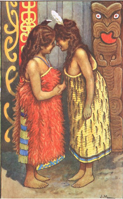 Maori-jenter, fra MacMillan skoleplakater, ca. 1950-60-tallet (farge litho) av J. Macfarlane