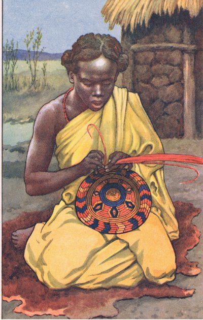 Raffia-arbeideren, fra MacMillan skoleplakater, ca. 1950-60-tallet (farge litho) av J. Macfarlane