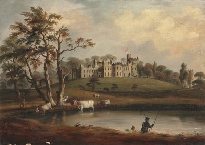 En utsikt over Hornby Castle, Yorkshire, med en sportsfisker og storfe på bredden av elven Wenning av J. Miller