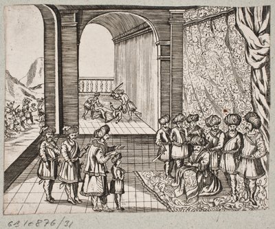 Illustrasjon til Adam Olearius, "Persisk Rosenthal av en genial poet Schich Saadi […]", Schleswig 1660 av J. Muller