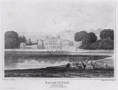 Badminton, generell utsikt, Gloucestershire (gravering) av John Preston Neale