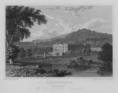 Chatsworth, Derbyshire, setet til hertugen av Devonshire (gravering) av John Preston Neale