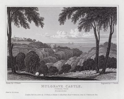 Mulgrave Castle, generell utsikt, Yorkshire (gravering) av John Preston Neale