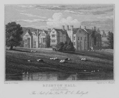 Rushton Hall, South West View, Northamptonshire, Setet til den ærede fru C Medlycott (gravering) av John Preston Neale